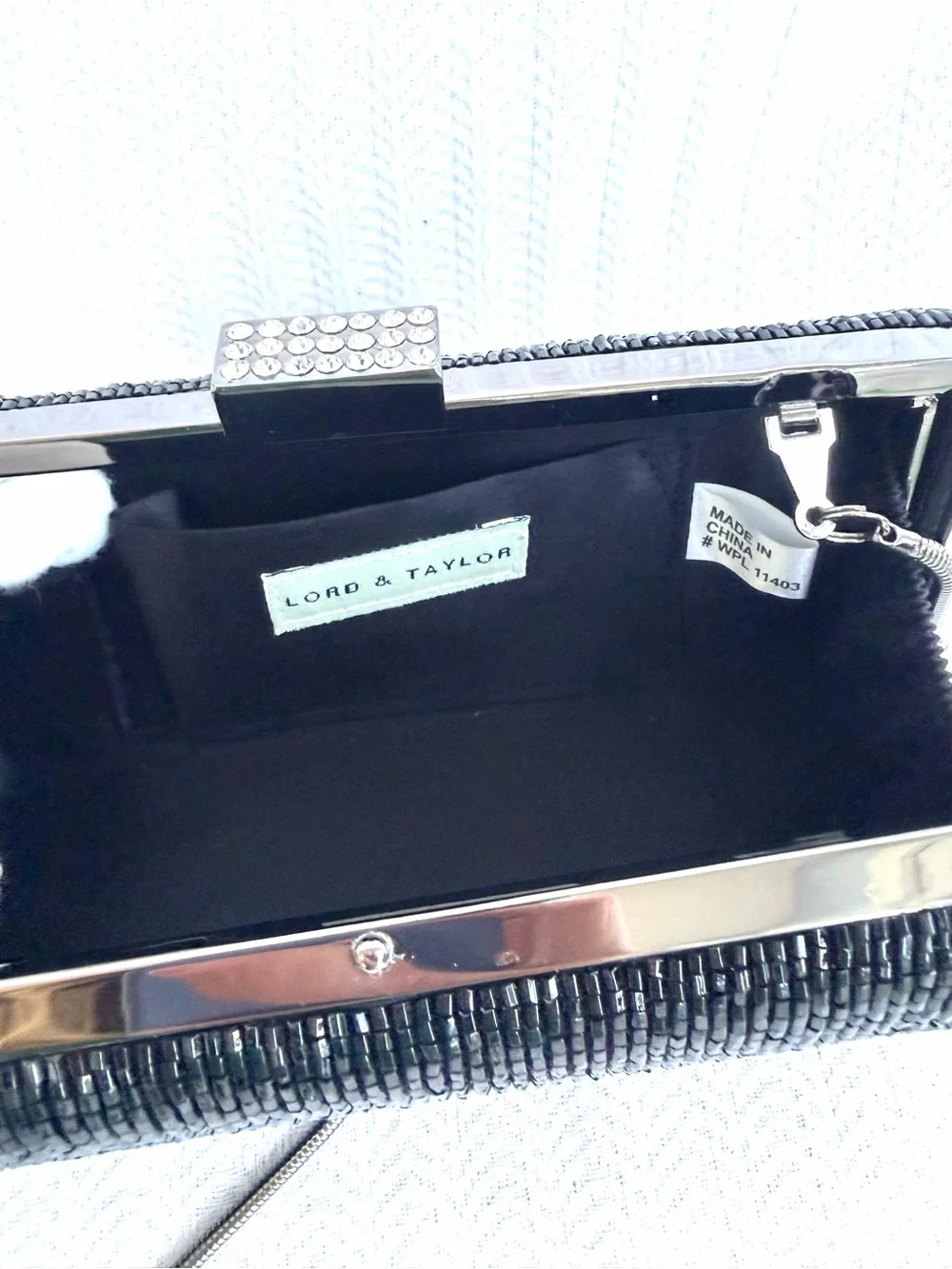 Vintage Lord & Taylor Black Beaded Cylinder Evening Clutch with Chain Strap